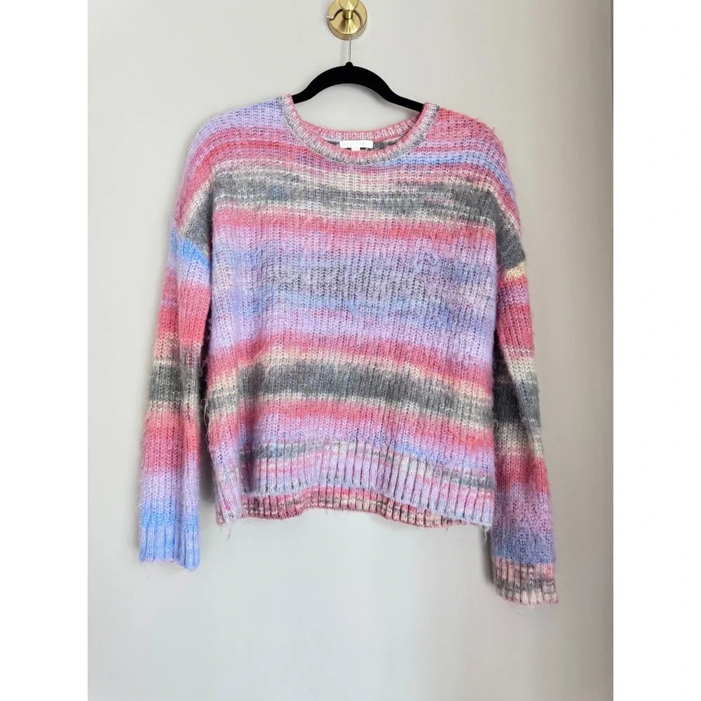Lisa Todd Womens XS Space Dye Striped Crewneck Sweater Pink Blue Wool Blend Knit